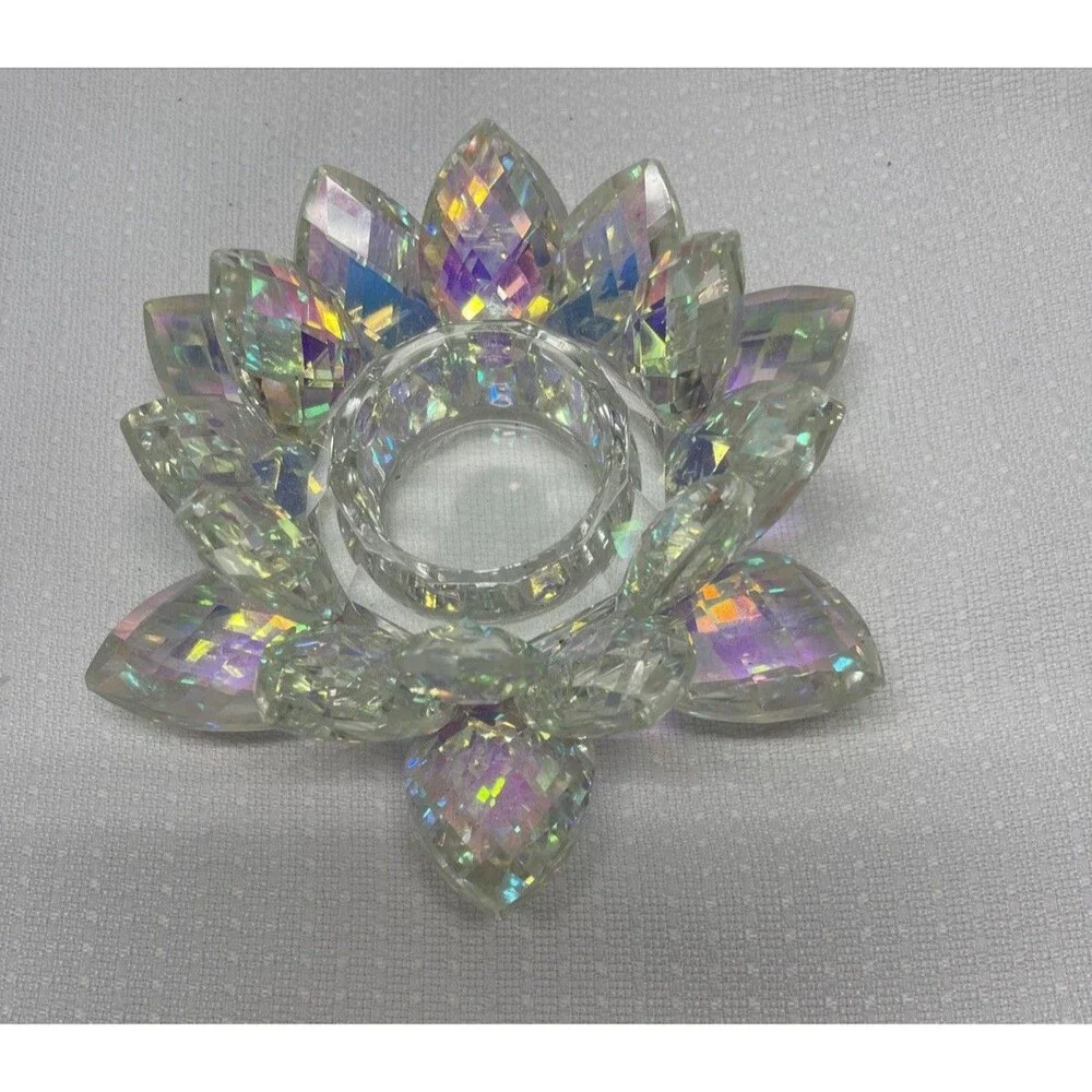 Iridescent Crystal Lotus Flower Candle Holder Rainbow Prism Boho Spiritual Decor